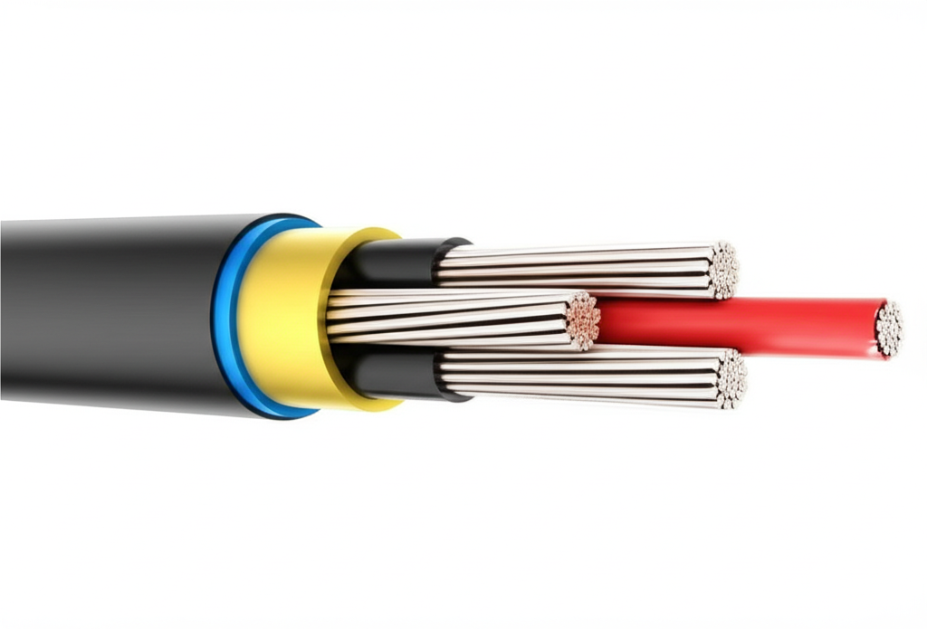 Ảnh chụp mặt cắt ngang của cáp dẹt cầu trục, thể hiện rõ các lõi đồng và lớp cách điện.