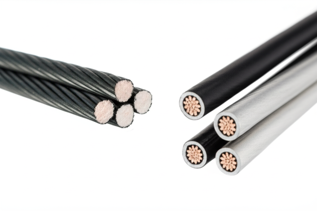 Ảnh so sánh cáp dẹt và cáp tròn dùng cho cầu trục, tập trung vào ưu điểm của cáp dẹt về không gian và độ bền.