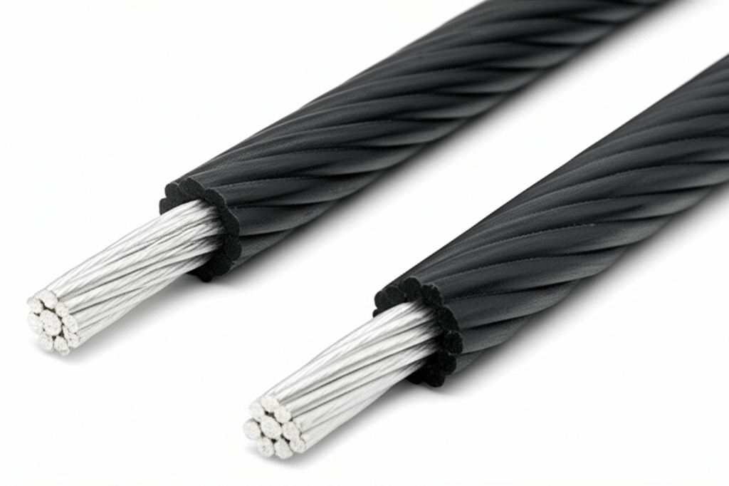 Ảnh cận cảnh cấu trúc và vật liệu của một đoạn cáp dẹt cầu trục dưới ánh sáng tự nhiên.