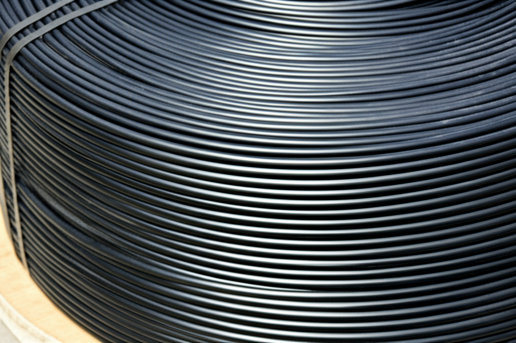 Ảnh chụp cận cảnh cuộn cáp dẹt cầu trục được xếp gọn gàng và chắc chắn.