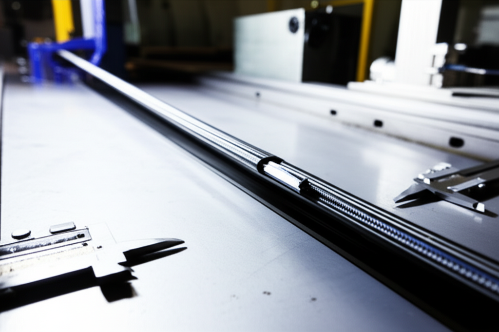 Hình ảnh cáp dẹt cầu trục chất lượng cao được đặt trên bàn kiểm tra với dụng cụ đo.