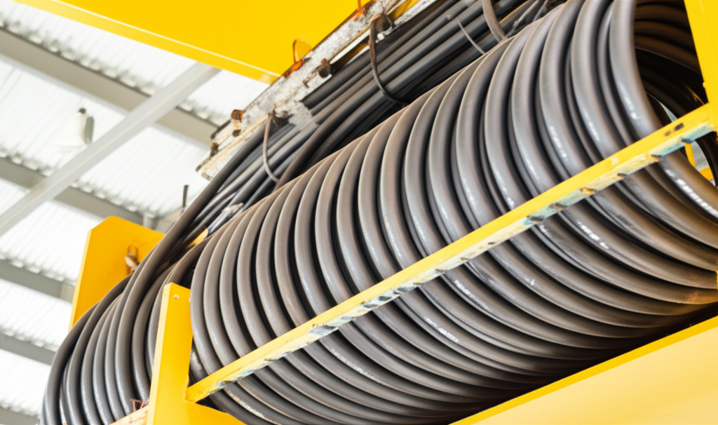 Ảnh chụp cận cảnh cáp dẹt được lắp đặt trên hệ thống cầu trục trong nhà máy, tập trung vào cấu trúc cáp và hệ thống.
