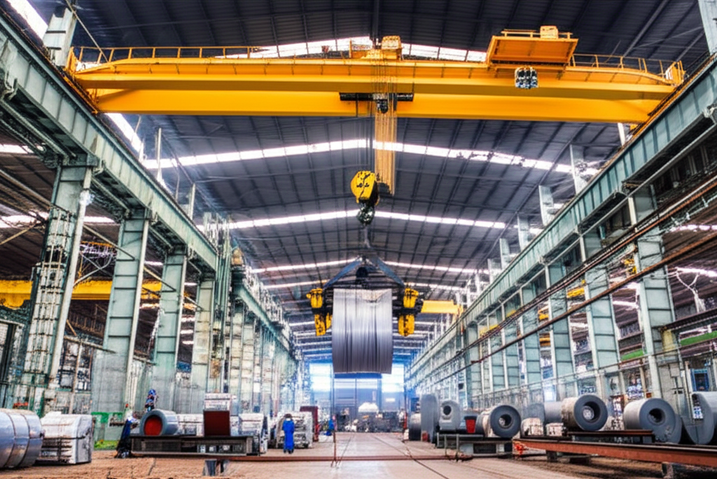 Hình ảnh một dầm cầu trục lớn đang nâng cuộn thép trong một nhà máy sản xuất thép rộng lớn, không có người.