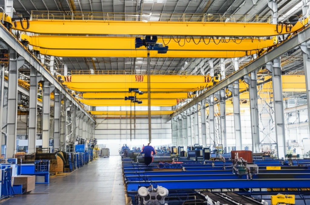 Toàn cảnh nhà máy sản xuất hiện đại với nhiều cầu trục xoay, thể hiện sự hiệu quả và chuyên nghiệp.
