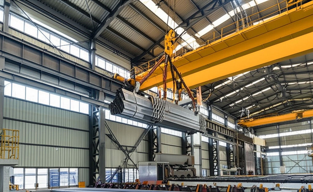 Hình ảnh nhà máy sản xuất thép với cầu trục 5 tấn đang nâng bó thép, không có người.