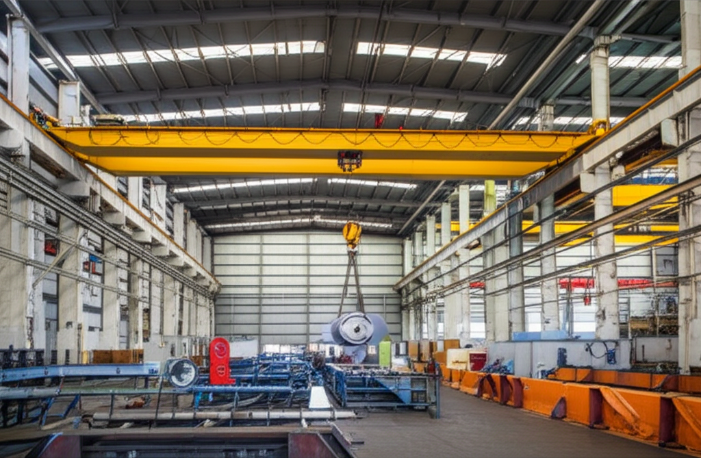 Ảnh chụp xưởng cơ khí với cầu trục dầm đơn đang nâng vật liệu, thể hiện sự cải thiện năng suất.