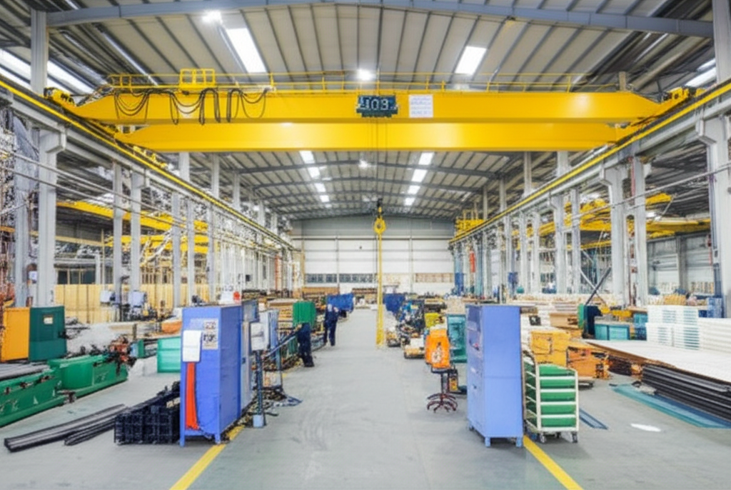 Hình ảnh nhà xưởng hiện đại với hệ thống cầu trục và trang thiết bị, không có người.