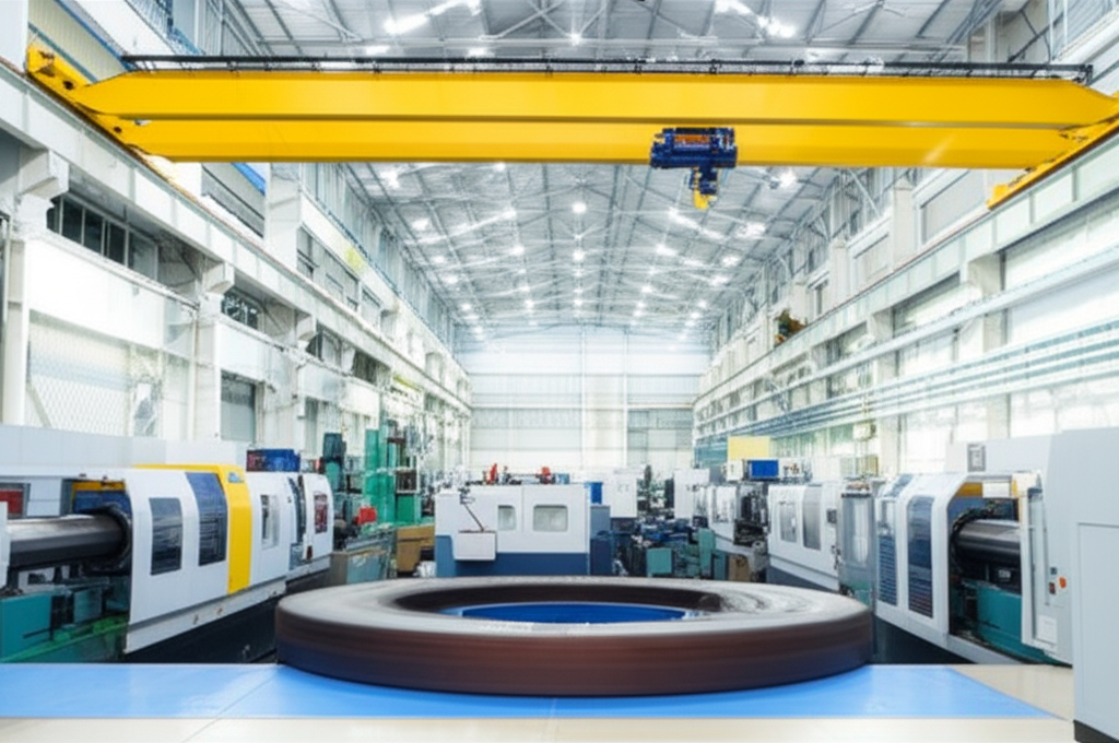 Hình ảnh nhà máy hiện đại với cầu trục xoay, tập trung vào hiệu suất và công nghệ.