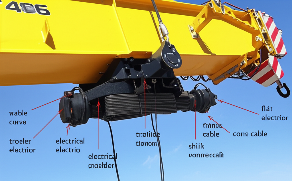 Ảnh chụp cận cảnh các bộ phận chính của cầu trục: dầm chính, pa lăng, cơ cấu di chuyển, hệ thống điện và cáp dẹt.