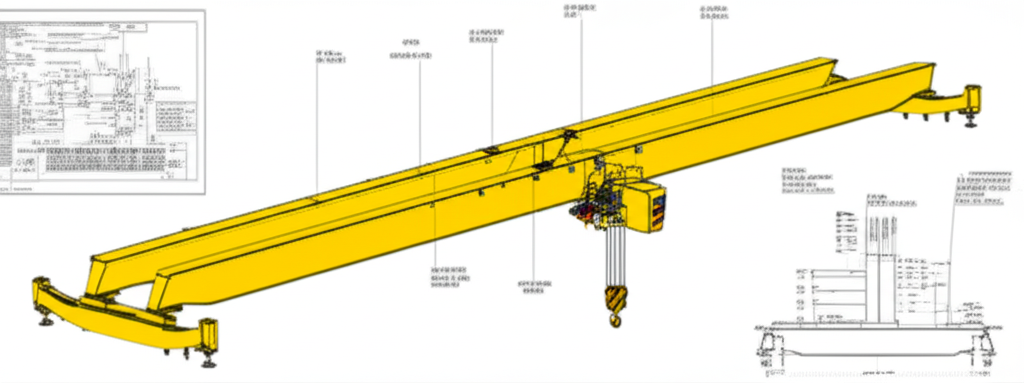 Bản vẽ kỹ thuật cầu trục 5 tấn với các bộ phận chính được chú thích rõ ràng.