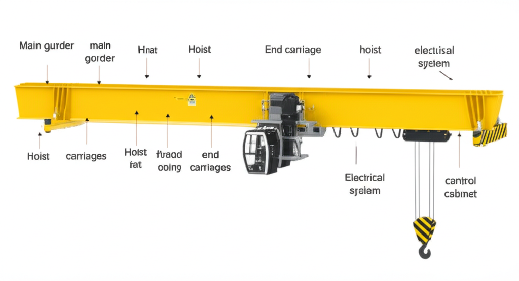 Ảnh 3D chi tiết của cầu trục dầm đơn, hiển thị rõ các bộ phận chính.
