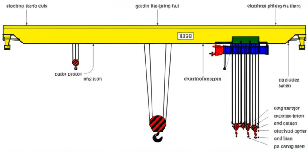 Hình ảnh sơ đồ kỹ thuật chi tiết của một cầu trục dầm đôi, bao gồm dầm chính, dầm biên, xe con, palang và hệ thống điện.