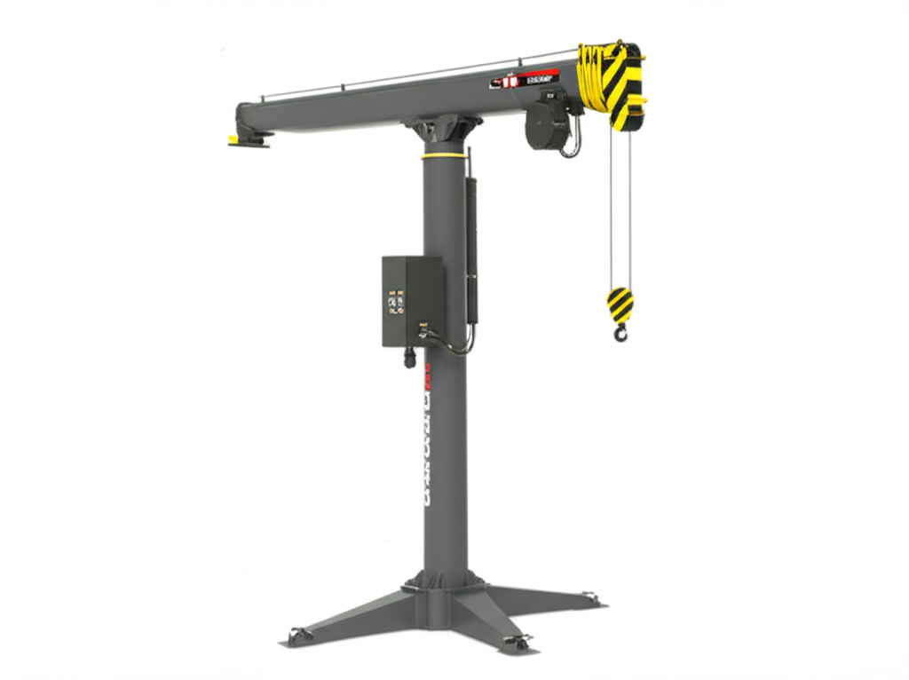 Bản vẽ kỹ thuật mô tả chi tiết cấu tạo và các bộ phận của cầu trục xoay, bao gồm cột trụ, dầm xoay, palang và hệ thống điều khiển.