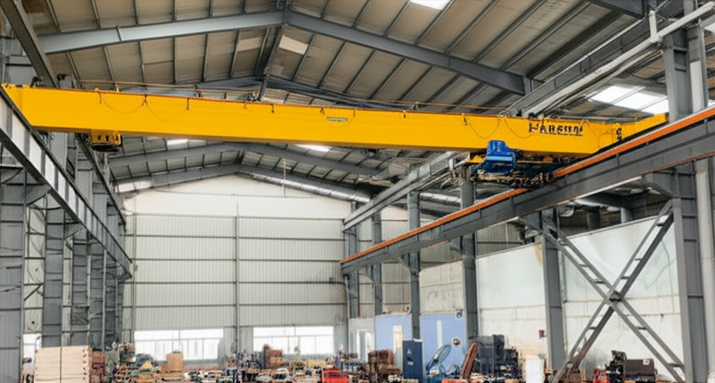 Ảnh chụp nhà xưởng nhỏ với cầu trục 3 tấn dầm đơn, tập trung vào cấu trúc dầm đơn của cầu trục.