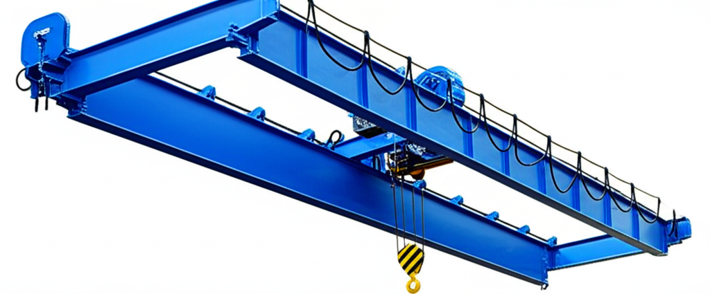 Ảnh chụp cầu trục 3 tấn dầm đơn màu xanh và xám trong nhà xưởng, tập trung vào cấu trúc và hệ thống di chuyển.