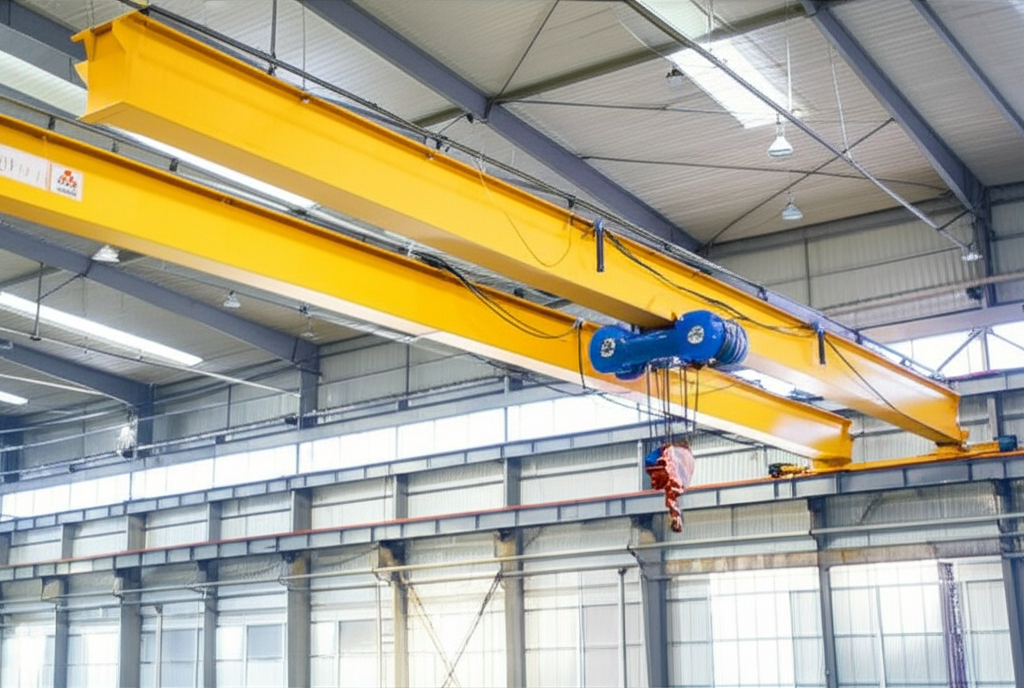 Ảnh cận cảnh cấu tạo cầu trục 3 tấn dầm đơn, bao gồm dầm chính, palang và hệ thống di chuyển, chụp trong nhà xưởng sản xuất với ánh sáng tốt.