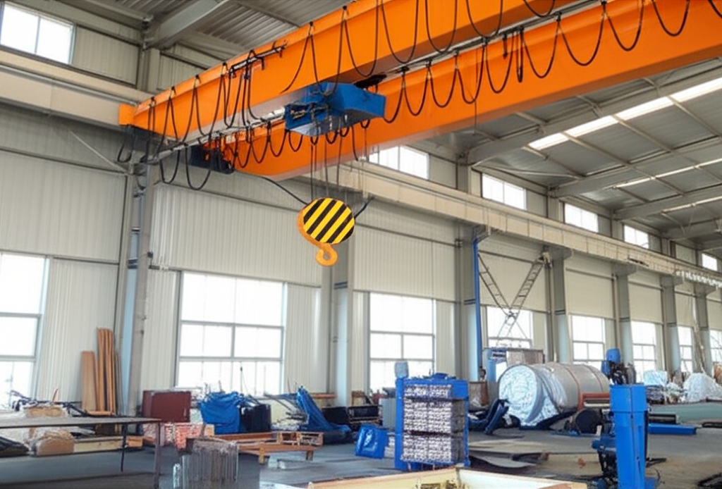 Ảnh cận cảnh cấu tạo chi tiết của cầu trục 3 tấn dầm đơn trong môi trường nhà máy sản xuất, ánh sáng tự nhiên.