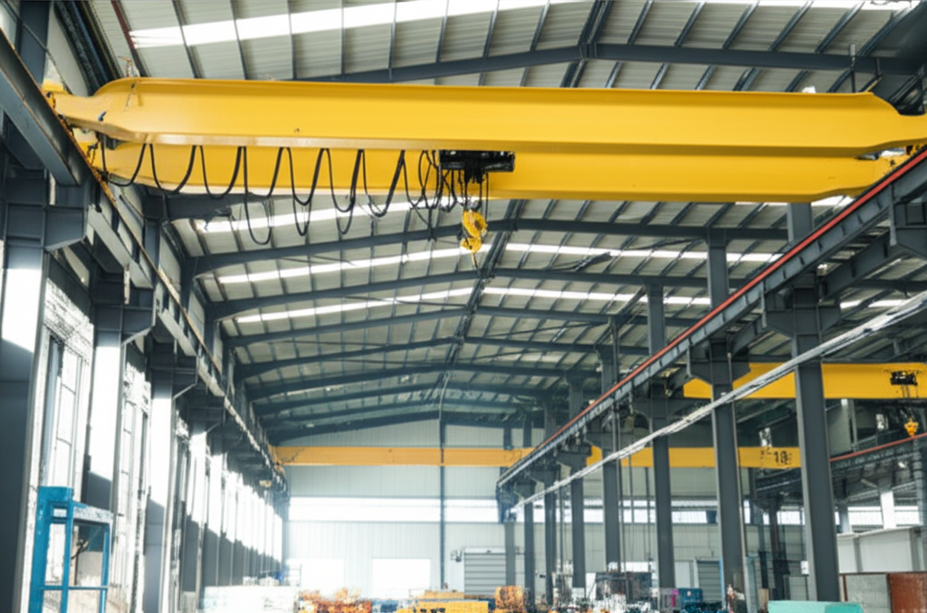 Ảnh cầu trục 3 tấn dầm đơn đang vận hành trong không gian nhà xưởng hạn chế.