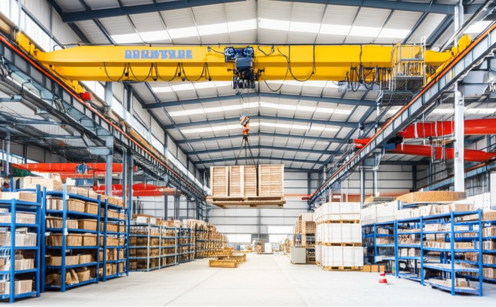 Ảnh chụp cầu trục 3 tấn dầm đơn đang nâng hàng trong nhà xưởng gọn gàng.