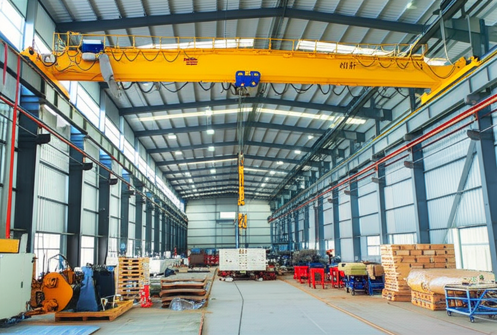 Ảnh cầu trục 3 tấn dầm đơn hoạt động trong nhà máy, nâng khuôn mẫu lớn. Không có người trong ảnh.