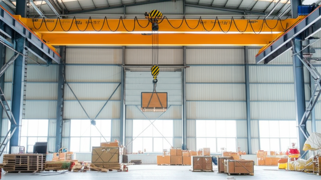Hình ảnh cầu trục 3 tấn dầm đơn đang nâng hàng trong nhà xưởng, không có người.