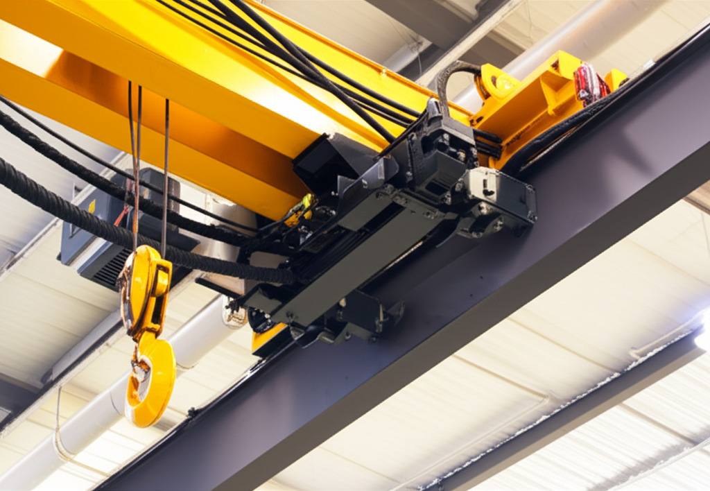 Ảnh cận cảnh hệ thống phanh và giới hạn hành trình của cầu trục 3 tấn trong nhà xưởng.