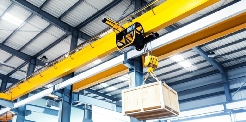 Ảnh chụp nhà xưởng với cầu trục dầm đơn đang nâng một kiện hàng, ánh sáng tự nhiên.