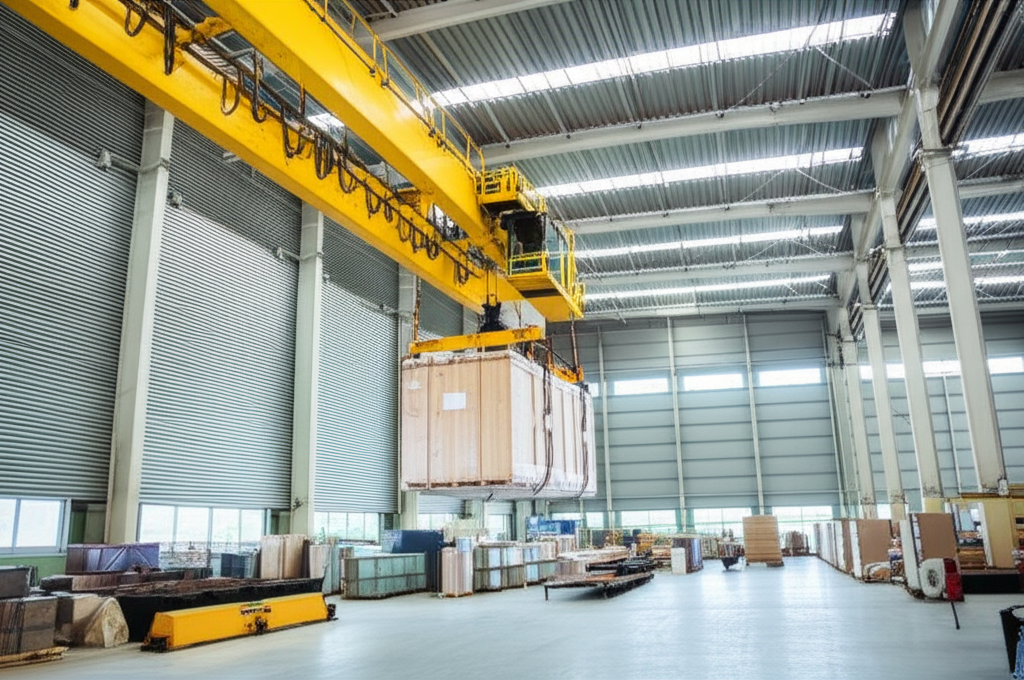 Ảnh cầu trục 3 tấn nâng một kiện hàng lớn bên trong kho hàng hiện đại với ánh sáng tự nhiên.