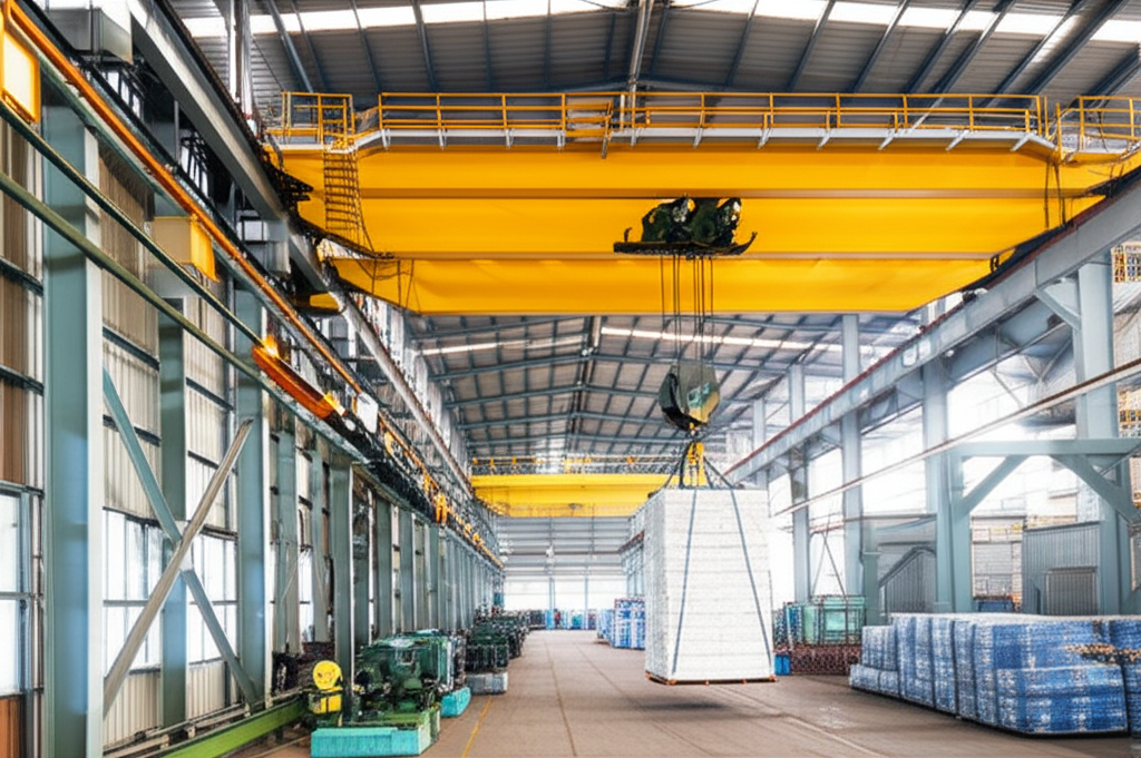 Ảnh chụp cầu trục 5 tấn dầm đôi đang nâng hạ hàng hóa bên trong nhà xưởng với ánh sáng tự nhiên.