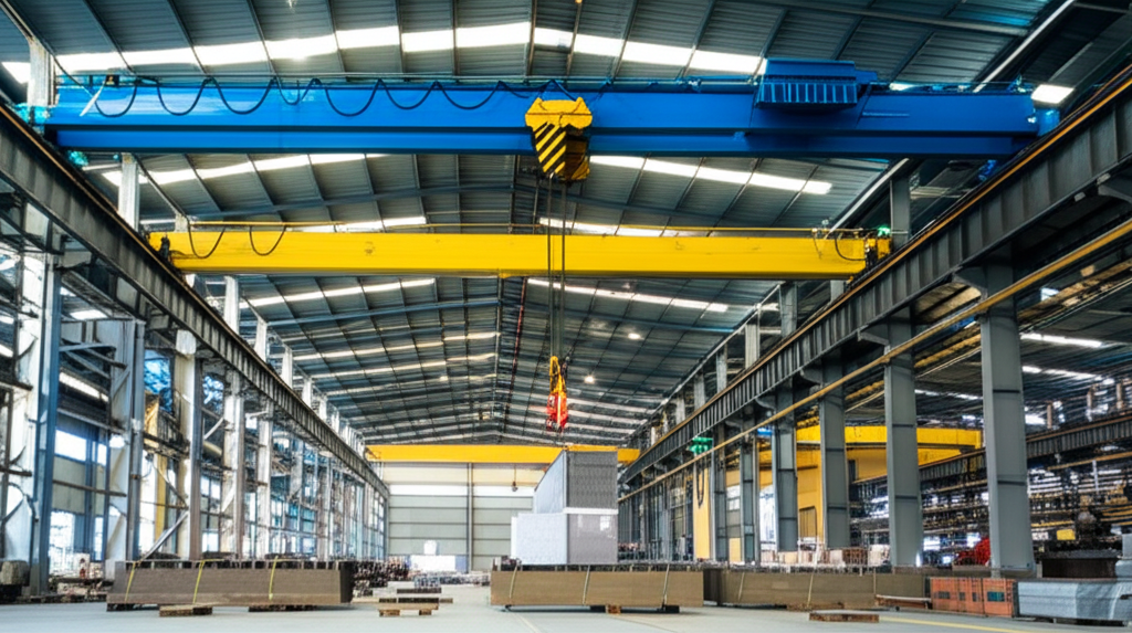 Ảnh chụp nhà máy công nghiệp với cầu trục 5 tấn màu xanh dương đang nâng một khối thép lớn.