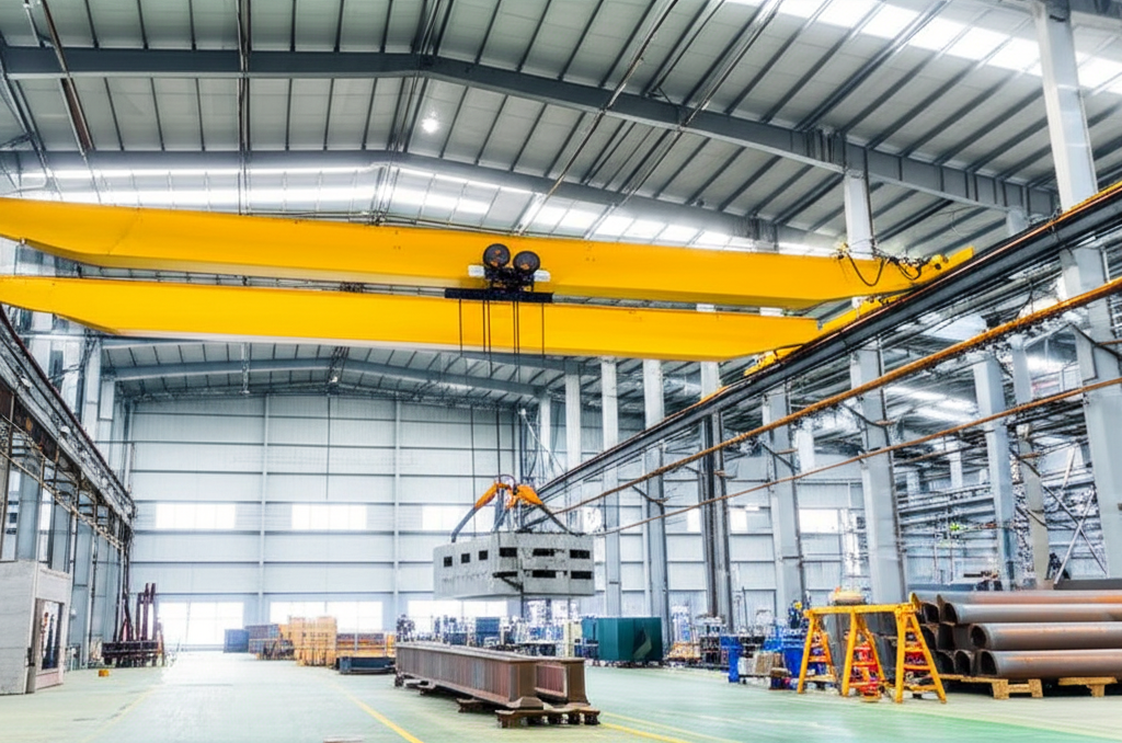 Cầu trục 5 tấn dầm đôi đang nâng một khối thép lớn trong nhà xưởng công nghiệp, không có người.