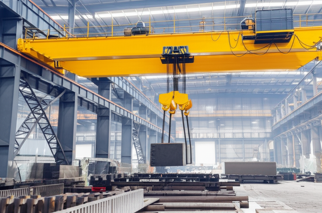 Ảnh cận cảnh cầu trục 5 tấn dầm đôi nâng khối thép lớn trong xưởng luyện kim, tập trung vào chi tiết máy móc.