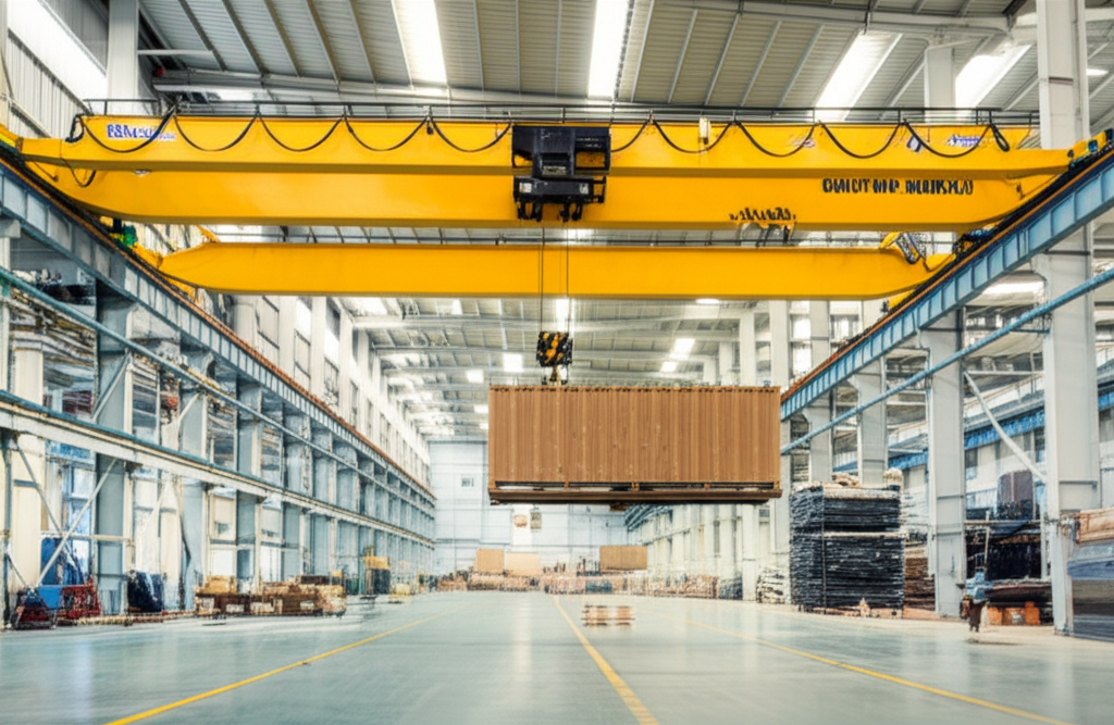 Ảnh chụp nhà máy hiện đại với cầu trục 5 tấn dầm đôi đang nâng một kiện hàng lớn.