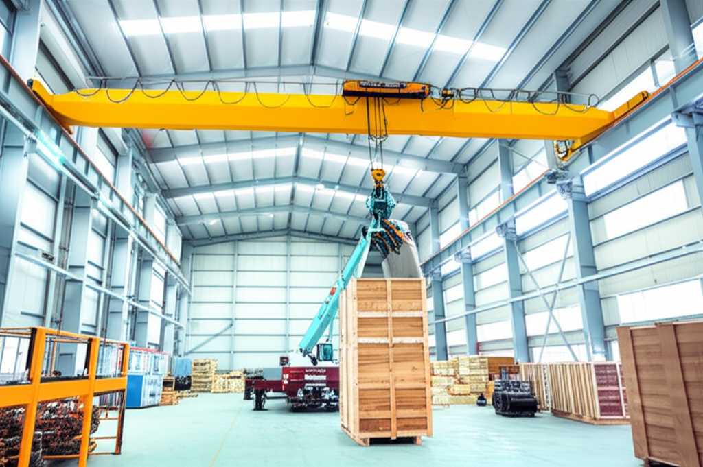 Ảnh chụp cầu trục 5 tấn nâng kiện hàng lớn bên trong nhà máy sản xuất rộng rãi, ánh sáng tốt.