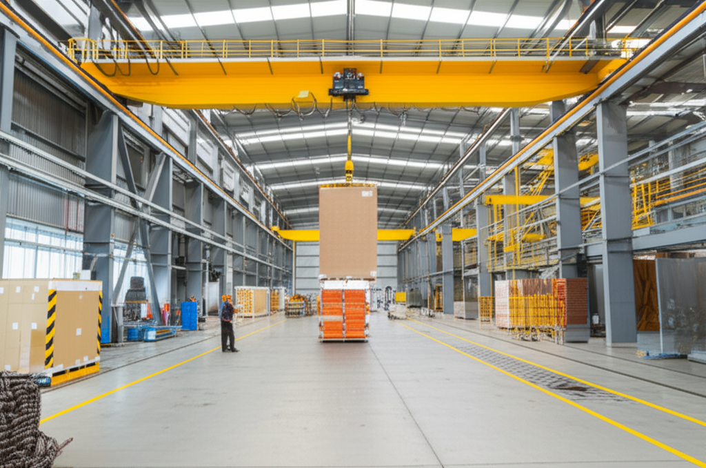 Ảnh chụp nhà máy với cầu trục 5 tấn đang nâng một kiện hàng lớn, không có người trong khung hình.