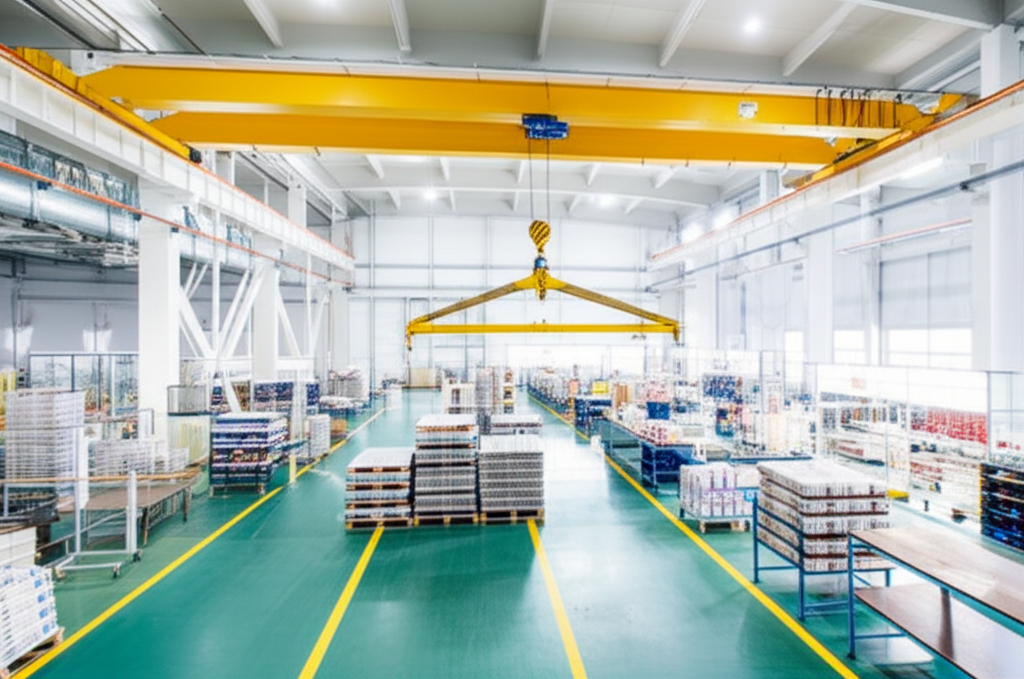 Toàn tập cầu trục: Phân loại, cấu tạo, tiêu chuẩn và báo giá mới 5 Ảnh chụp cầu trục 5 tấn dầm đơn đang nâng một kiện hàng trong nhà xưởng. Góc chụp thể hiện rõ kích thước, cấu tạo và khả năng làm việc của cầu trục.