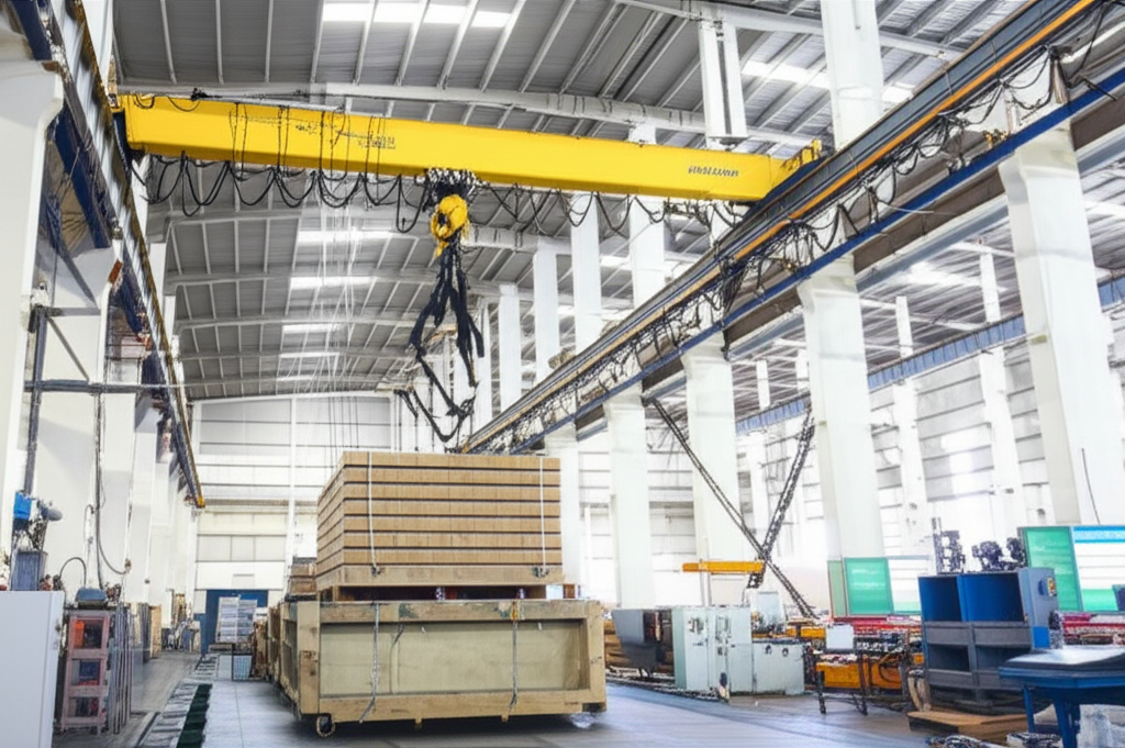 Hình ảnh cầu trục đang nâng vật nặng trong môi trường nhà máy sản xuất với ánh sáng tự nhiên.