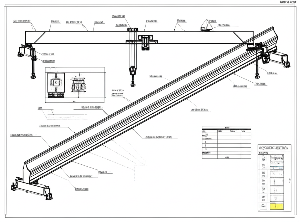Ảnh chụp bản vẽ kỹ thuật cầu trục dầm đôi, thể hiện rõ các bộ phận và thông số kỹ thuật.