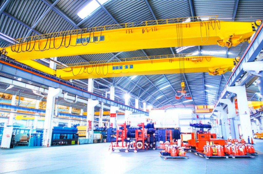 Ảnh chụp cầu trục dầm đôi đang được kiểm tra kỹ thuật, với các thiết bị an toàn đặt gần đó.