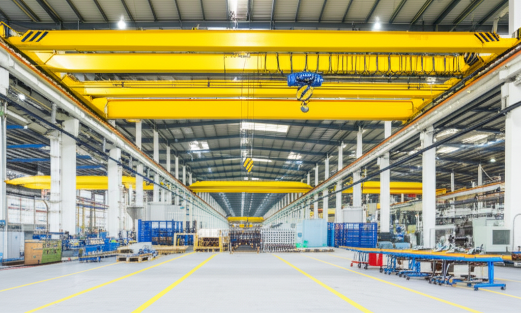 Hình ảnh nhà máy sản xuất hiện đại, có cầu trục dầm đôi đang nâng hạ sản phẩm, thể hiện quy trình sản xuất hiệu quả.