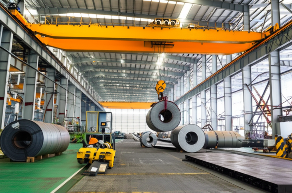 Ảnh chụp nhà máy sản xuất thép hiện đại với cầu trục dầm đôi lớn đang nâng cuộn thép. Ánh sáng tự nhiên và không gian rộng lớn.