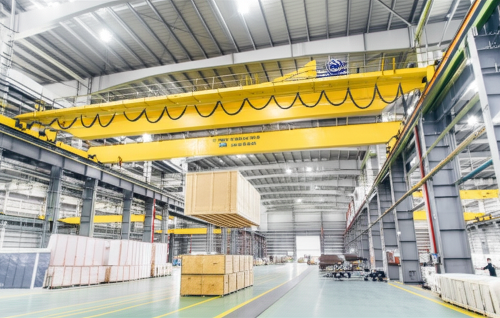 Ảnh chụp cầu trục dầm đôi đang hoạt động trong nhà máy, nâng kiện hàng lớn.