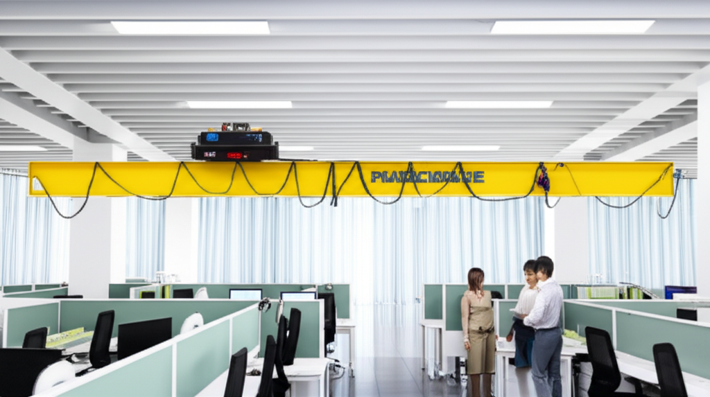 Ảnh chụp mô hình cầu trục dầm đôi trong không gian văn phòng chuyên nghiệp, ánh sáng tự nhiên.