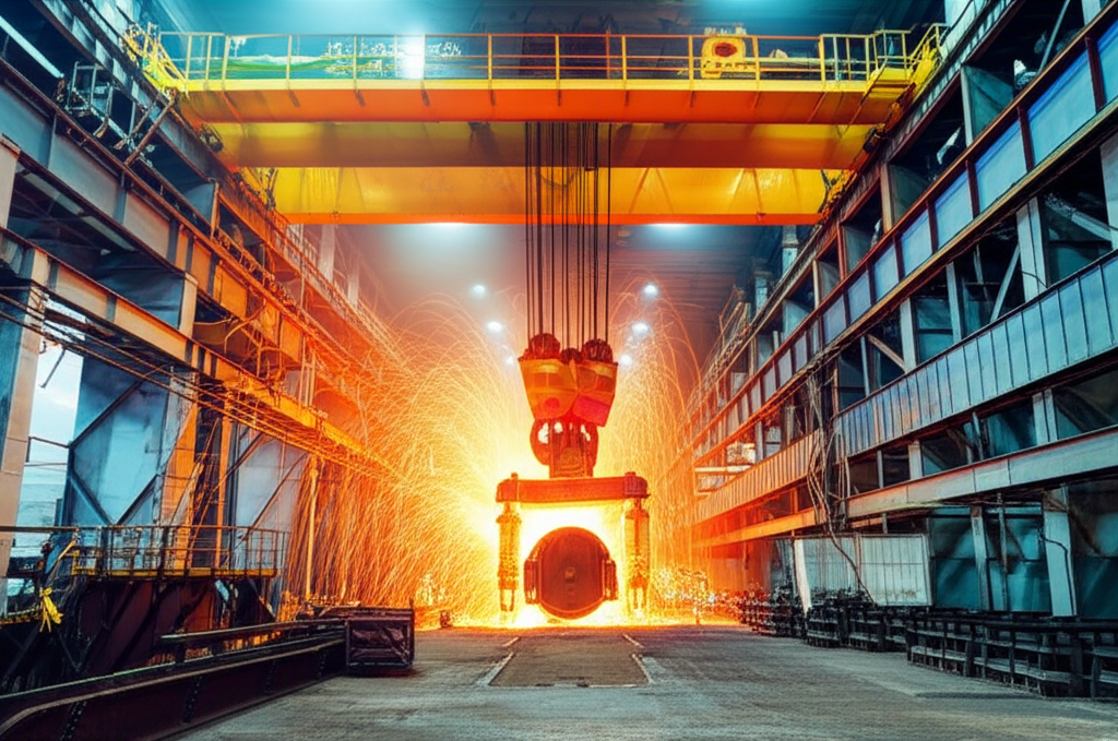 Ảnh chụp nhà máy luyện kim với cầu trục dầm đôi đang nâng một khối thép lớn, tia lửa văng ra.
