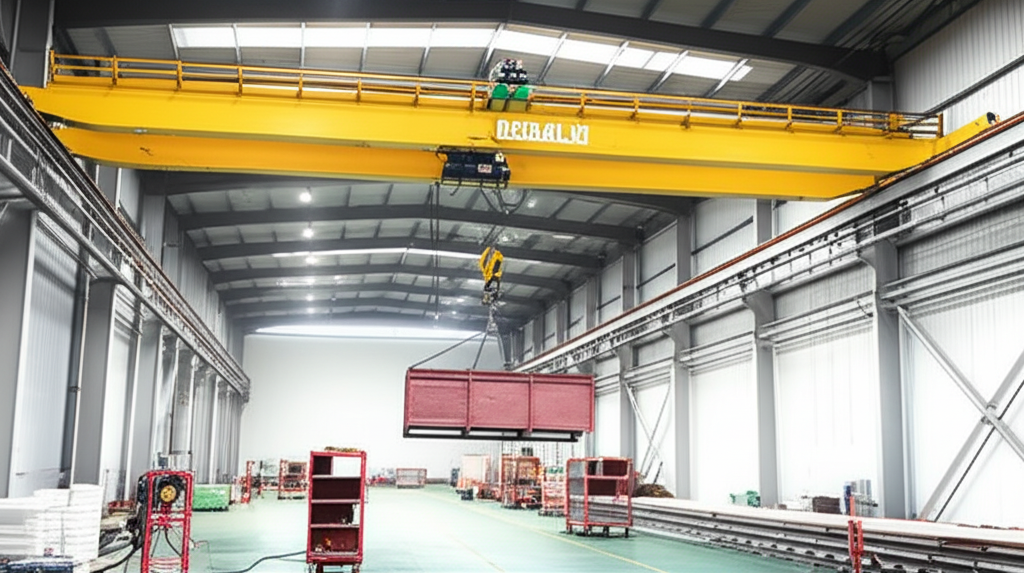 Hình ảnh cầu trục dầm đơn đang nâng kiện hàng lớn trong một nhà máy gọn gàng và ngăn nắp.