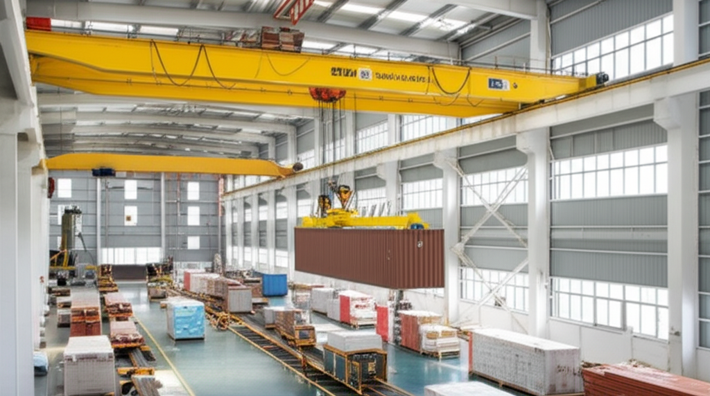 Hình ảnh cầu trục dầm đơn đang nâng hàng trong một nhà xưởng rộng rãi, ánh sáng tốt.