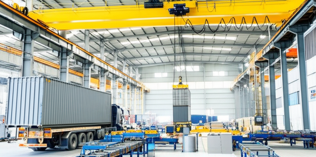 Hình ảnh cầu trục dầm đơn đang nâng một container hàng hóa trong nhà xưởng, ánh sáng tự nhiên.