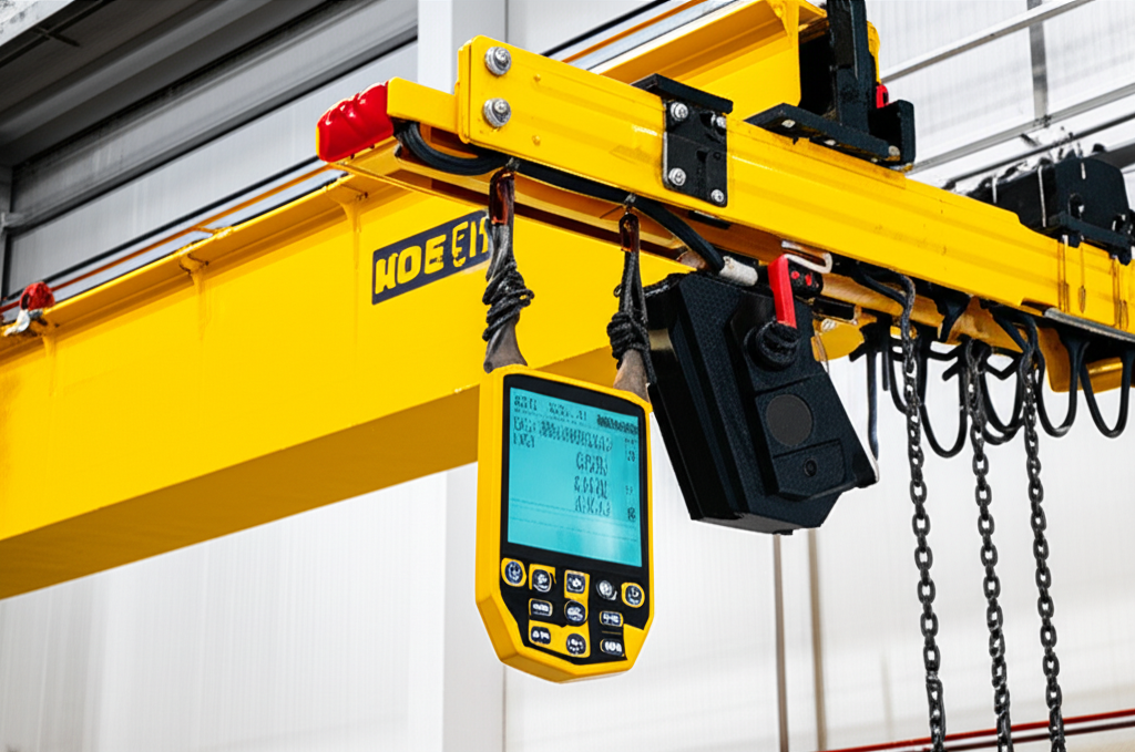 Ảnh chụp cận cảnh điều khiển từ xa của cầu trục 5 tấn, hiển thị rõ các nút và màn hình thông số.