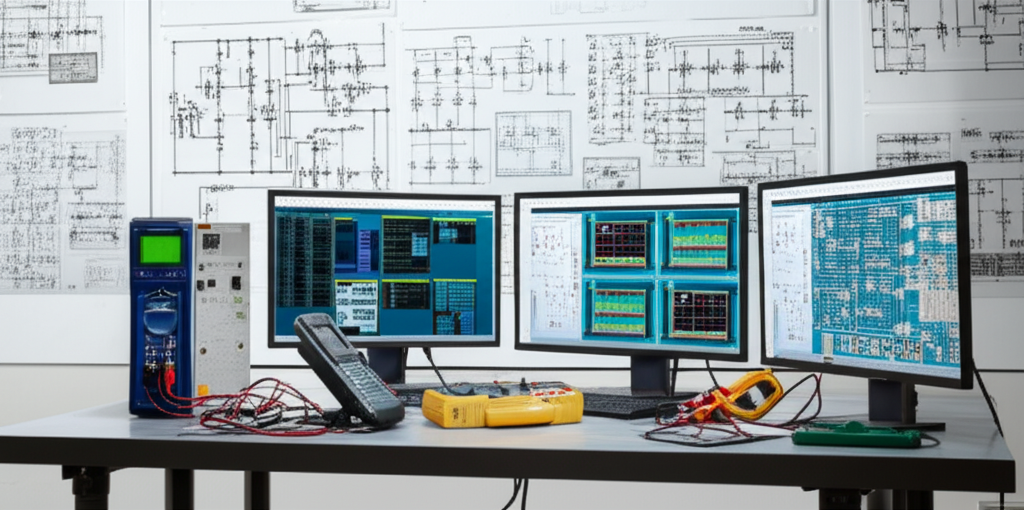 Hình ảnh văn phòng với sơ đồ và thiết bị hệ thống điện, không có người.