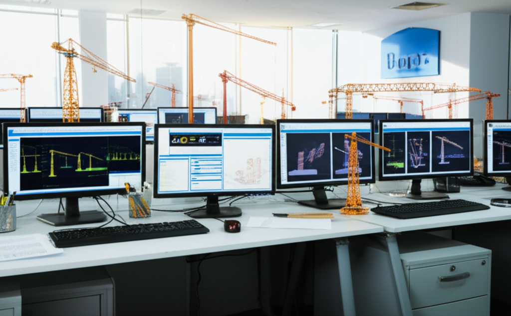 Hình ảnh văn phòng làm việc chuyên nghiệp với các máy tính và mô hình thiết kế cầu trục, gợi ý không gian làm việc của kỹ sư.
